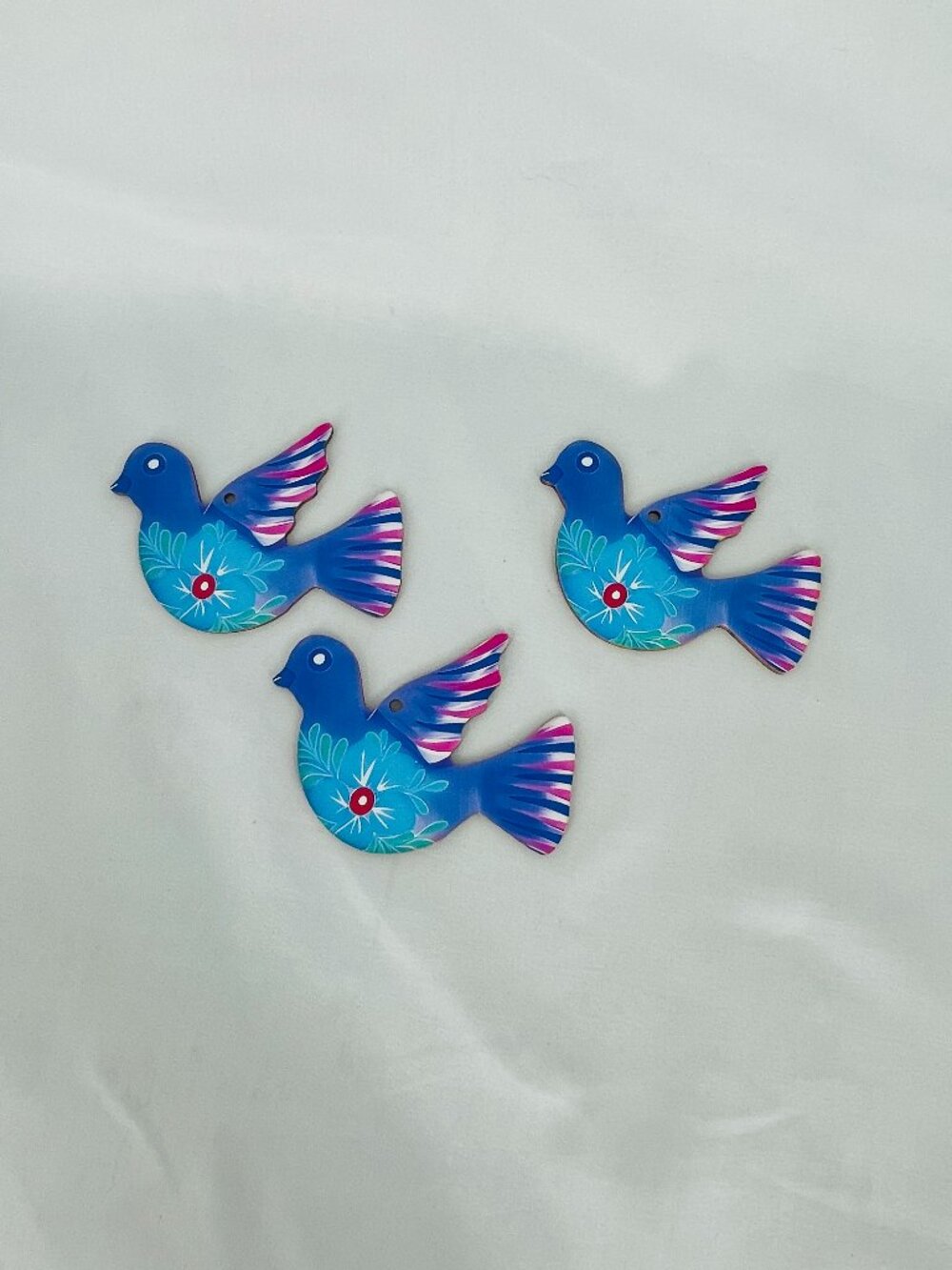 Handcrafted Blue Flat Wooden Birds with Light Blue and Red Flower Design